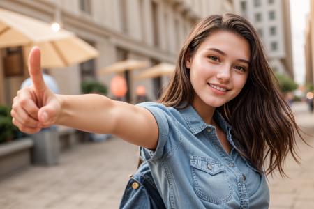 photo of a 18 year old girl,pointing at viewer,happy,denim shirt,ray tracing,detail shadow,shot on Fujifilm X-T4,85mm f1.2,depth of field,bokeh,motion blur,<lora:add_detail:1>,