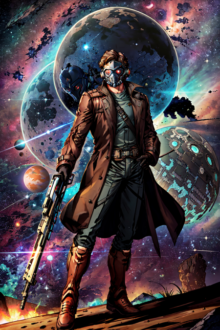 Star_Lord, solo, red eyes, gloves, 1boy, weapon, male focus, boots, coat, gun, mask, glowing, star (sky), holding gun, handgun, science fiction, space, planet, trench coat, energy gun <lora:StarLordV2:0.8>