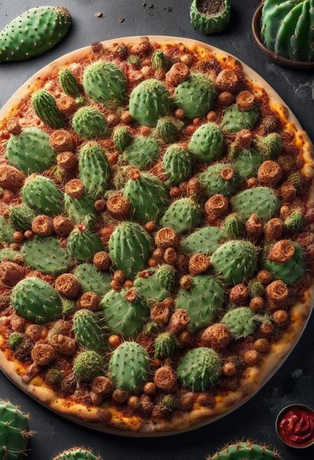 Product photo, A pizza made out cactus, in 
hell,detailed,