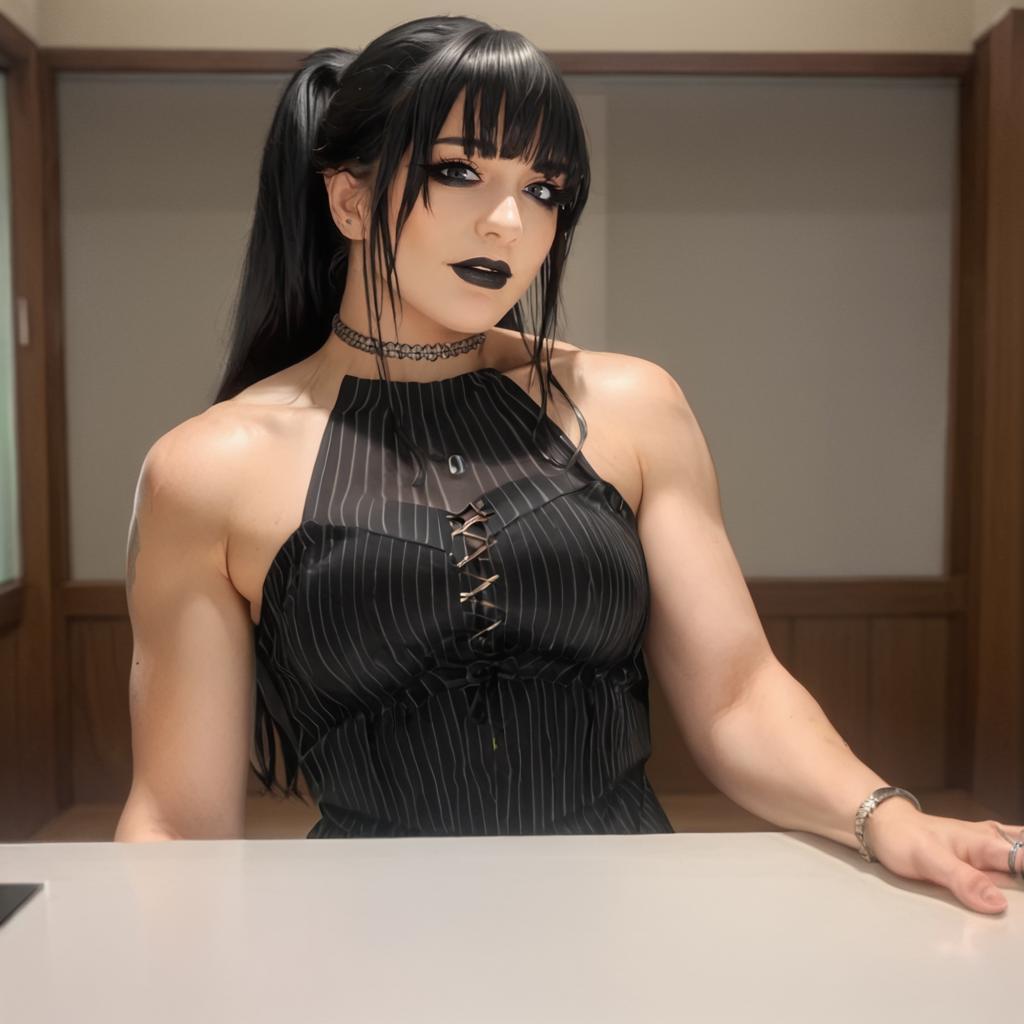 sacore_9, masterpiece, score_8, best quality, <lora:Pony_Tatum_Paxley:1>, t@tump@x, 1girl, solo, black hair, dress, black lips, breasts, long hair, jewelry, black dress, looking at viewer, ring, bangs, ponytail, striped, black eyes, upper body, indoors