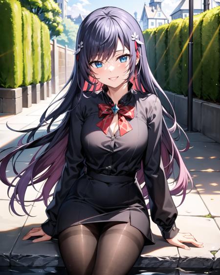 masterpiece, best quality, ultra-detailed, illustration, warm lighting, bright colors, 1girl,solo, long hair, very long hair, rosaria le friede,

black hair, blue eyes, black dress, black pantyhose,

school uniform, light smile, sitting, outdoors, t-shirt, casual wear,


 <lora:Rosa:0.60>