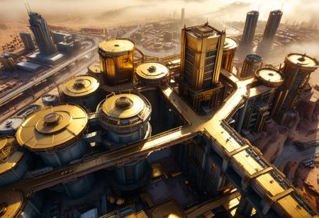 A golden post-apocalyptic futuristic large city, (large city), futuristic gold building, in the desert, golden towers, shiny, metallic, gold bridges, viewed from above, lots of towers, industrial,
(foggy background, epic realistic, rutkowski, hdr, intricate details, hyperdetailed, cinematic, rim light, muted colors:1.2)