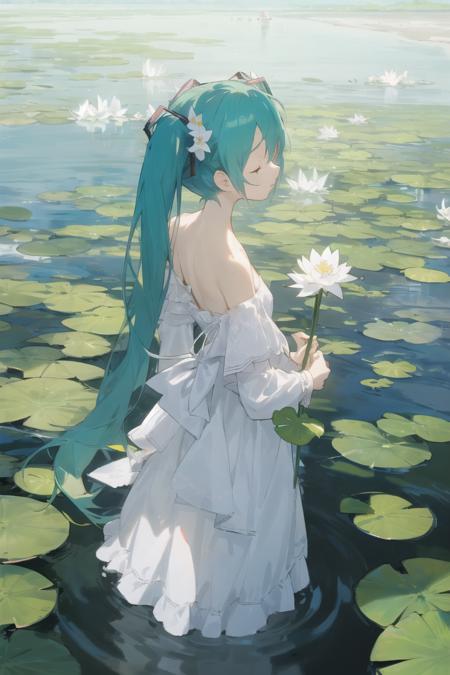 Veiling Glare,  1girl, hatsune miku, solo, dress, flower, long hair, white dress, twintails, very long hair, holding, white flower, water, wading, closed eyes, bare shoulders, off-shoulder dress, holding flower, off shoulder, aqua hair, standing, from behind, lily pad
<lora:Veiling_Glare-pynoise:1>