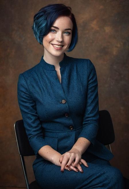 beautiful lady, freckles on face, cute smile, blue eyes, blue short hair, dark makeup, hyperdetailed photography, soft light, full body photo, 3rd breast size, sitting on edge chair