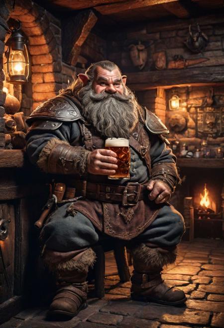fantasy anthropomorphic dwarf warrior in dark tavern holding a pint of ale in a cozy environment with gas lamps rustic wood warm brick fireplace and frosted glass windows