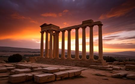 ,Dramatic sunset over the Temple of Zeus in Jerash, with the sky ablaze in shades of orange and purple, the ancient columns illuminated by the fading light, creating a captivating scene that highlights the ruins' historical significance,, sweeping landscapes, unique perspectives, epic scale, revealing hidden beauty, showcasing vastness, immersive experience, precise compositions, expert piloting, dynamic angles, cinematic storytelling, showcasing natural wonders, aerial exploration