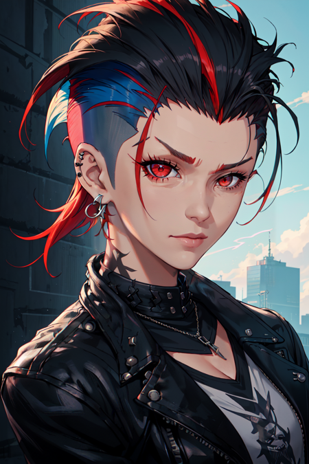 1girl, solo, gold eyes, (( SuperShortHair:1.5)), detailed eyes, extremely short hair:1.5, short sleeves, closed mouth, smirk, large breasts, covered, black shirt, necklace, outdoors, sitting, looking at viewer, portrait, stud earrings, colored scelera, black sclera, zoom out, lesbian vibes, soft features EpicMIx-EmopUNk