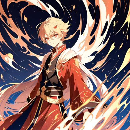 <lora:GenshinSplash-V3:1> splash screen, swirling background, dynamic scene, 1boy, male, young mage, (face, wide-eyed:1.5), elegant ornate robe, magic, fantasy, red_theme, fire tornado, flames