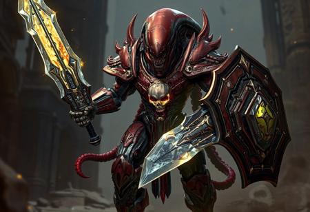 A fearsome Alien Stealthbuster strides forward with lethal purpose, its crimson-and-ebony battle armor gleaming with ornate gold filigree. The warrior's terrifying visage is accentuated by a glowing skull emblem on its chest plate, pulsing with otherworldly energy. In its right hand, a massive crystalline sword crackles with power, while its left arm bears an angular shield humming with defensive force fields.Blends H.R. Giger's biomechanical horror with Syd Mead's futuristic designs. The armor's skeletal motif recalls Dark Souls boss aesthetics, while the fortress architecture evokes Warhammer 40K's gothic grandeur.
Created as a flagship character for AAA sci-fi games or blockbuster film concept art. Currently trending on ArtStation for its: