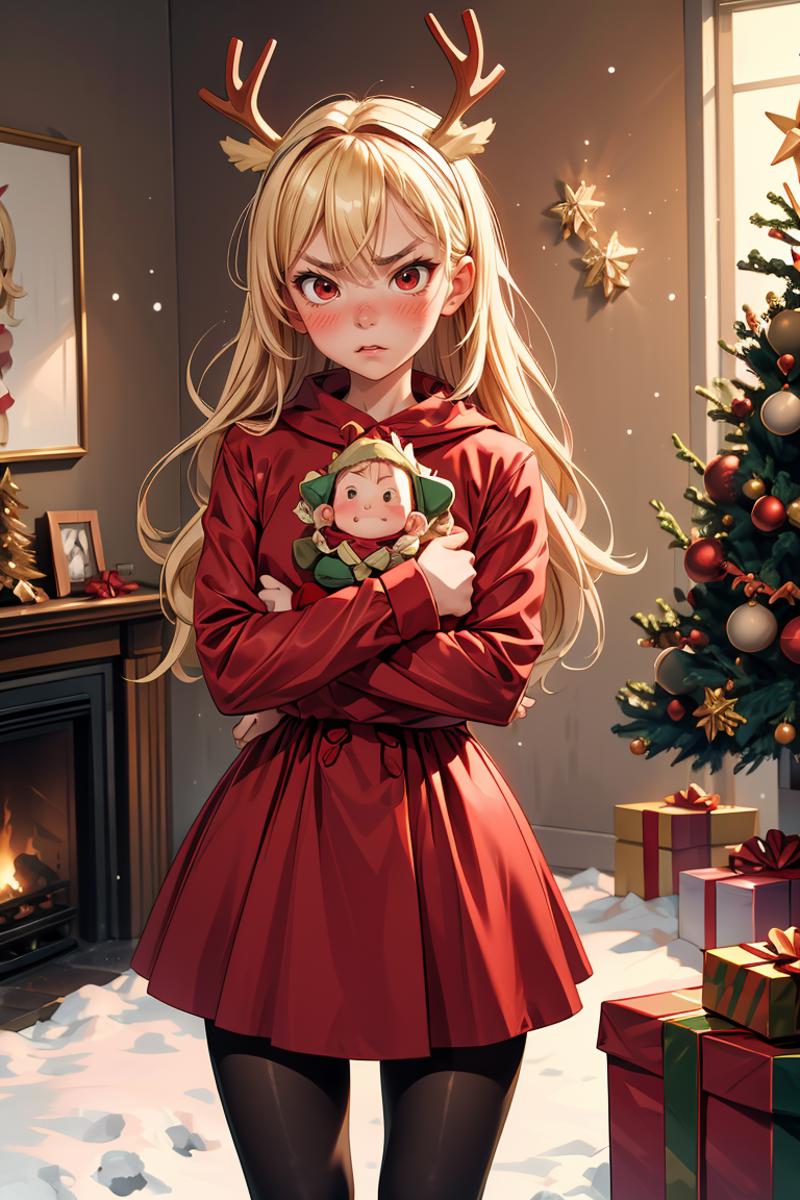 A young girl in a red dress holding a baby doll in front of a Christmas tree.