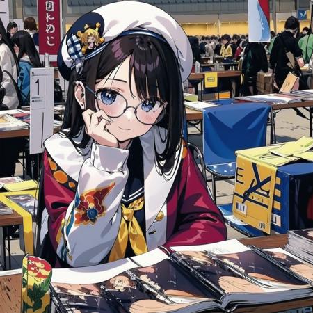 best quality, ultra-detailed, illustration, 1girl, glasses, black hair, long hair, beret,
comiket, table, chair, book, indoors, photo background, multiple girls, chair, long hair
<lora:comiket_SD15_C103:1>