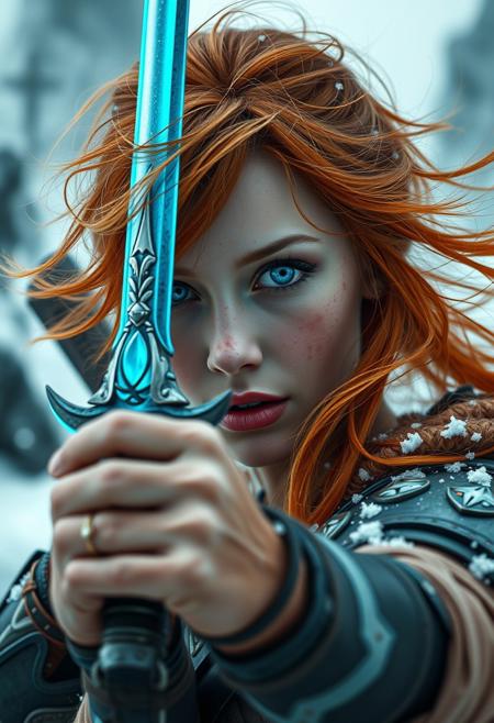 This is a high-resolution close up cinematic shot featuring SisB40K, a woman with pale skin, striking blue eyes, and messy orange hair. She has freckles scattered across her cheeks and nose. SisB40K is gripping a glowing blue sword, and wearing SisB40K armor. positioned in a dynamic, action-oriented pose. The background is a snowy, icy landscape with blurred, jagged structures, suggesting a cold, harsh environment. The image is highly detailed, capturing textures of the snow and the ruggedness of the sword. face focus, eyes focus, hair flowing in the wind, snow particles <lora:FluxSisB40K:1>