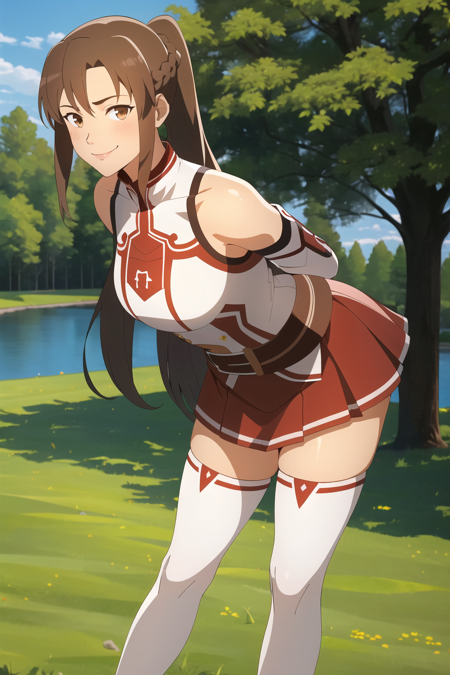 asuna \(sao\), outdoors, trees, grass, river,
1girl, armor, arms behind back, asymmetrical bangs, bangs, bare shoulders, belt, braid, breastplate, breasts, brown eyes, brown hair, closed mouth, detached sleeves, dress, fantasy, feet out of frame, leaning forward, light blush, long hair, long sleeves, looking at viewer, miniskirt, pleated skirt, red skirt, short ponytail, signature, skirt, sleeveless, sleeveless dress, smile, solo, thighhighs, thighs,very long hair, white armor, white belt, white dress, white sleeves, white thighhighs,
, ((masterpiece))
<lora:western_animation_style:1.2>