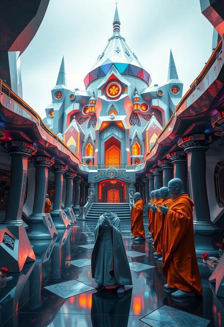 robot monastery, vibrant geometric forms, sharp and angular architecture, interlocking polygonal structures, multichromatic hues reflecting on metallic surfaces, exaggerated robotic monks, recursive shapes in the building design, intricate fractal patterns in the walls and pillars, glowing energy lines running through the structures, saturated colors of silver, blue, and orange, brutalist architecture with flowing yet rigid surfaces, stark lighting illuminating the monastery, dystopian vibe, sculptural robotic figures in prayer, minimal organic details, photorealism, high resolution, (emphasis on sharp geometric monastery and robotic forms:1.6), intersecting planes of metal and circuitry, fractured geometric walls, rigid forms, unsettling atmosphere, (blurry:-1.2), (ugly:-1.3), (polished:-1.3), (cartoonish:-1.1), (low quality:-1.2), (smooth surfaces:-1.4), (overly ornate:-1.5), (disjointed anatomy:-1.3), (noisy:-1.1), (bad composition:-1.3)
