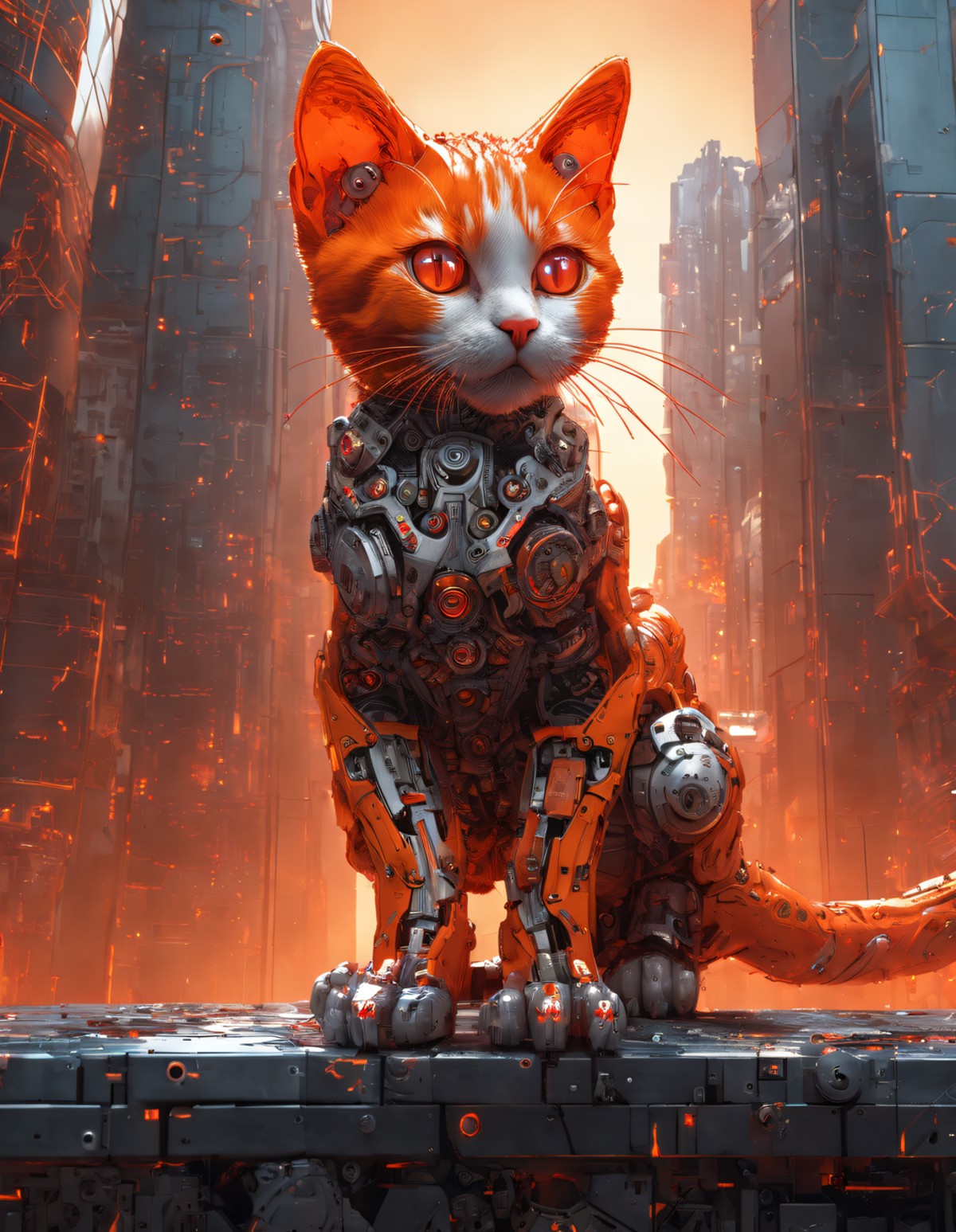 (breathtaking:1.25), a cute kitten made out of orange plastic, red eyes, cyborg, (battle scene, dynamic pose, contrapposto...
