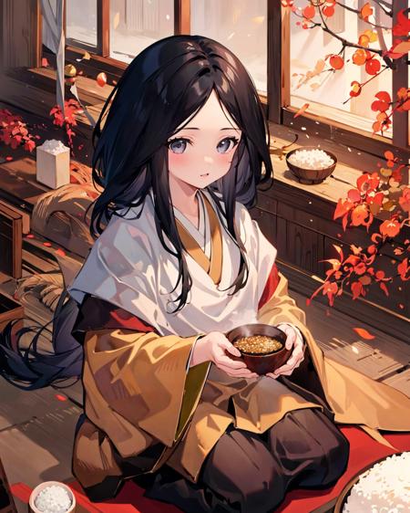 ricechan, 1girl, black_hair,solo, japanese clothes, <lora:RicechanSekiroV1-000006:1>,kimono,outdoors,bamboo,lake,east asian architecture, 
seiza,holding bowl, rice,