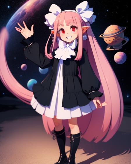 Witch.long pink hair,pointy ears,red eyes , smiling, standing,  full body,  
WitDres,black dress, white ribbon, white hairband,long sleeves,earrings, black boots,
outer space, fun park, stars,   
(insanely detailed, beautiful detailed face,  masterpiece, beautiful detailed  eyes, best quality)      <lora:Witch:0.8>