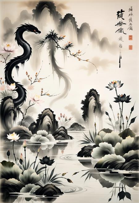 Sinoink, vertical chinese ink wash composition, interwoven snake silhouettes among delicate lotus blooms, dramatic contrast between sharp detailed forms and soft washes, ethereal water reflections, mysterious atmosphere created through layered ink techniques, graceful calligraphic strokes suggesting movement, spiritual protective energy, masterful brushwork texture variations