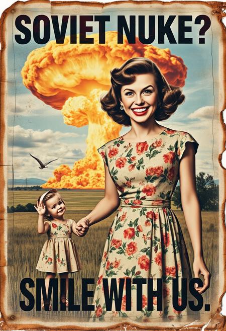 “A decayed, vintage-style poster from 1957, weathered and torn, depicting a surreal American country scene. The faded image shows a woman in a floral-patterned 1950s dress holding her young daughter’s hand with one hand, while making an exaggerated ‘OK’ sign with her other hand. Her wide, mad smile radiates an eerie and unsettling charm. In the far background, a massive nuclear mushroom cloud dominates the sky, with fiery orange fireballs at its base and visible blast waves rippling through the landscape. The poster’s bold text, ‘SOVIET NUKE?’ across the upper section and ‘SMILE WITH US’ in the lower section, is faded, smeared, and inked with scribbles and stains. The paper appears rotten, with tears, creases, and discolored edges, amplifying the eerie and apocalyptic tone of the piece.”