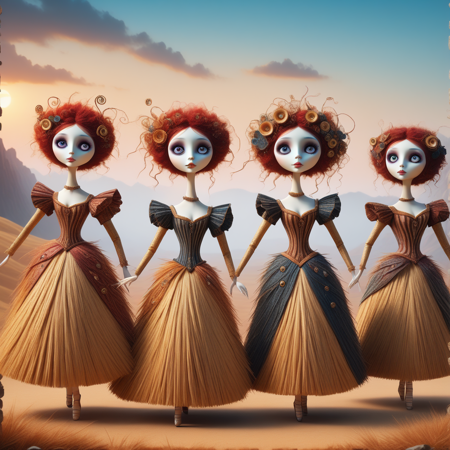 <lora:Straw_thread:0.8>, masterpiece, highest quality, amazing quality, very beautiful, ultra HD, 8K, huge file size, SFW, general, latest, <lora:add-detail-xl:0.8>, creative, sharp edges, detailed textures, atmospheric lighting, amazing visuals,
ptchkrawk, masterpiece, highest quality, amazing quality, absurd, latest, very beautiful, volumetric lighting, UHD, SFW,
cartoon patchwork retro musical, exquisite details, digital art, creepy, humorous, steampunk,
<lora:Tim_Burton_Art_Style_Pony:1>, Tim Burton style, dancers made of straw thread, line dancing,