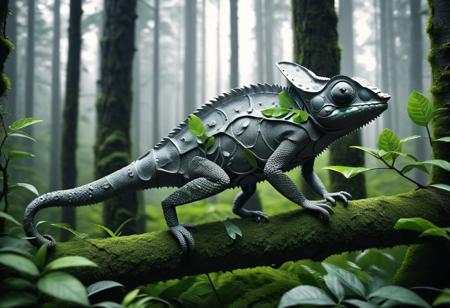 masterpiece, best quality, absurdres, year 2023,  gray chameleon made of iron, green foliage, branch, forest, depth of field