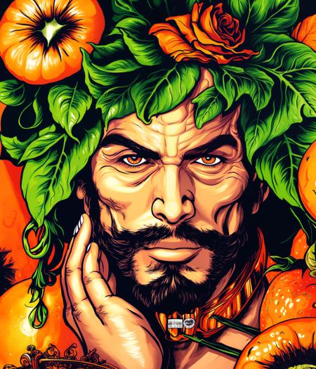 portrait of a very handsome man made of fruit by guiseppe arcimboldo and greg rutkowski, donato giancola, joseph christian leyendecker, wlop, boris vallejo, breathtaking, 8 k resolution, extremely detailed, beautiful, establishing shot, artistic, hyperrealistic, beautiful face, octane render, cinematic lighting, dramatic lighting, masterpiece by vector-art