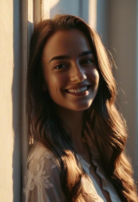 Female 20's, window, wall, soft light, soft glow, morning light, long hair, rich shadows, smiling, 8k UHD,