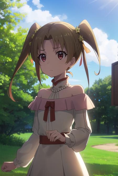 sherrytueli, <lora:sherry tueli s2-lora-nochekaiser:1>,
sherry tueli, long hair, brown hair, hair ornament, twintails, (brown eyes:1.5), star \(symbol\), star ornament,
BREAK dress, bare shoulders, jewelry, necklace, frills, long sleeves,
BREAK outdoors, forest, nature, sun, sky, clouds, trees, grass,
BREAK looking at viewer, (cowboy shot:1.5),
BREAK <lyco:GoodHands-beta2:1>, (masterpiece:1.2), best quality, high resolution, unity 8k wallpaper, (illustration:0.8), (beautiful detailed eyes:1.6), extremely detailed face, perfect lighting, extremely detailed CG, (perfect hands, perfect anatomy),