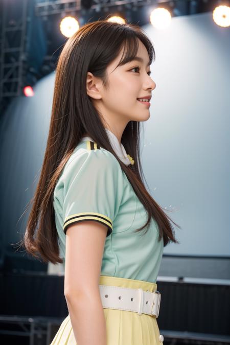 masterpiece,intricate,depth of field,best quality,1girl,solo,plump,smile,asian,white skin,21y.o,beautiful,looking into viewer,(cinematic light:1.2),(portrait:1.2),(upper body:1.3),idol,(stage:1.7),(aqua blue neon light:1.2),(giant stage:1.1),(tokyo dome:1.3),straight hair,light brown hair,swept bangs,medium hair,head tilt,(small breasts:1.2),<lora:Hinatazaka46_10th_Single_Uniform:0.7>,(wearing hinatazaka46 10th single uniform:1.4),olive green shirt,white collar,(white belt:1.3),(white buttons:1.3),(yellow pleated skirt:1.3),emblem,(side view:1.5),, RAW photo, subject, (high detailed skin:1.2), 8k uhd, dslr,soft lighting,high quality, film grain, Fujifilm XT3, <lora:epiNoiseoffset_v2-pynoise:1>, highres,huge filesize,HD,highest quality,best quality,highly detailed hair,proportional body,proportional breasts,beautiful breasts,highly detailed skin,goosebumps,visible pores,intricate,masterpiece,ultra high res,photorealistic,depth of field,RAW photo,best quality,realistic,photo-realistic,an extremely delicate and beautiful,CG,finely detail,absurdres,, <lora:add_detail:0.5>,add_detail