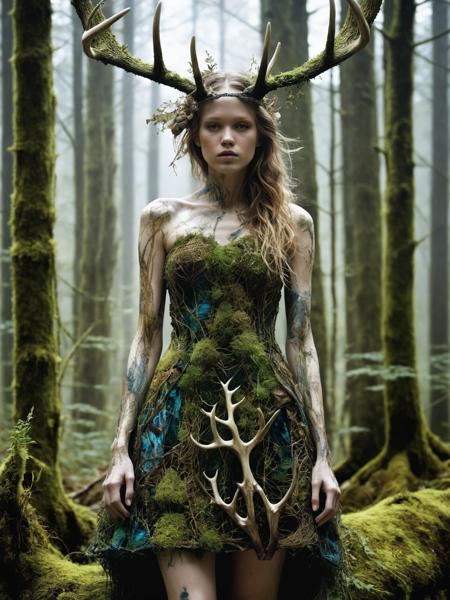 mysterious silhouette woman with antler and dress made out of moss, by Minjae Lee, Carne Griffiths, Emily Kell, Anna Dittmann, Steve McCurry, Geoffroy Thoorens, Aaron Horkey, amazing depth, double exposure, surreal patterns, intricately detailed, bokeh, perfect balanced, deep fine borders, artistic photorealism , smooth, great masterwork by head of prompt engineering