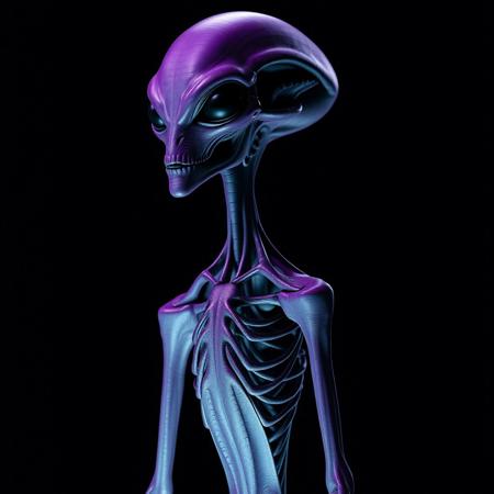 A 7 foot tall slender limbed  alien. Humanoid with elongated skull , purple skin, 2 slits for a nose, thin mouth , long limbs , asexual