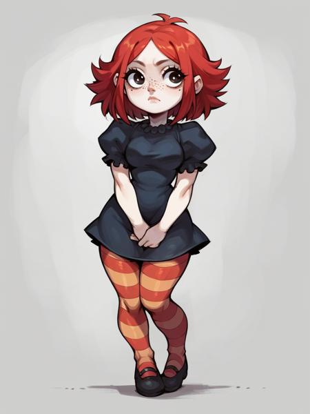 rubyg, red hair, 1girl, freckles, solo, striped pantyhose, dress