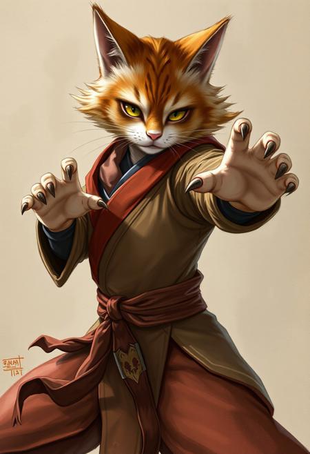 (((detailed, beautiful, high quality))), female humanoid cat, furry, anthropomorphic, monk clothes, fighting posture, claws out