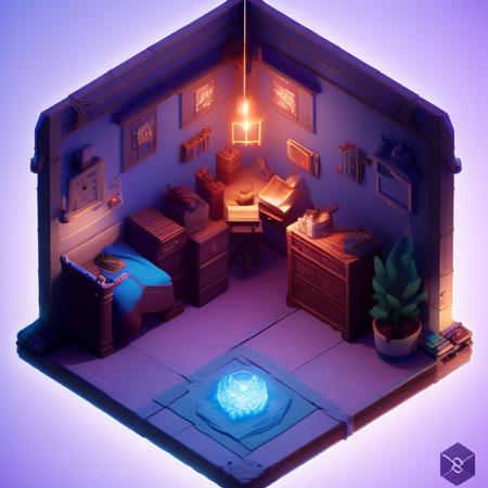 0xisometric, optical illusion room, blue and white, glowing