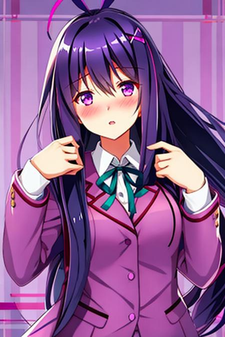 1girl, yuriddlc, solo, purple eyes, long hair, hair ornament, purple hair, hairclip, school uniform, blush, looking at viewer, jacket, parted lips, ribbon, hair between eyes, bangs, long sleeves, wide-eyed, school background, yandere