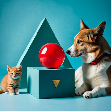 Photo of a red sphere on top of a blue cube. Behind them is a green triangle, on the right is a dog, on the left is a cat, national geographic photo, august von pettenkofen, rtx on, bella kotak, hand-painted details, 
canon eos 5d mark iv, turquoise and amber, rtx, close-up, fairycore, award winning photography, <lora:MJ52:0.5>, 8k