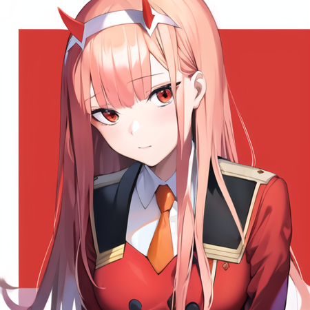 masterpiece, best quality, 1girl, zero two, uniform, military uniform, red jacket, orange necktie, honey<lora:qqq-zero_two-v1:0.7>