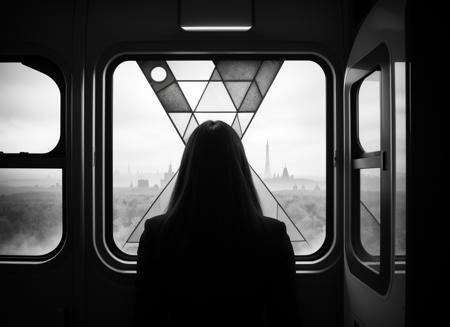 three cornered window, back of head shot of (woman looking out of triangle window:1.1), 3rd person, Looking out the triangular window of a (train:1.1) with triangular windows, triangular windows and triangular, wheels,  in a fantasy world, 
psychedelic, geometric, vivid light, high contrast, triadic colors, dark shadows,  explosions, nuclear mushroom cloud, nuclear explosion, dystopian nightmare, 
(beautiful composition),
21 yo woman,