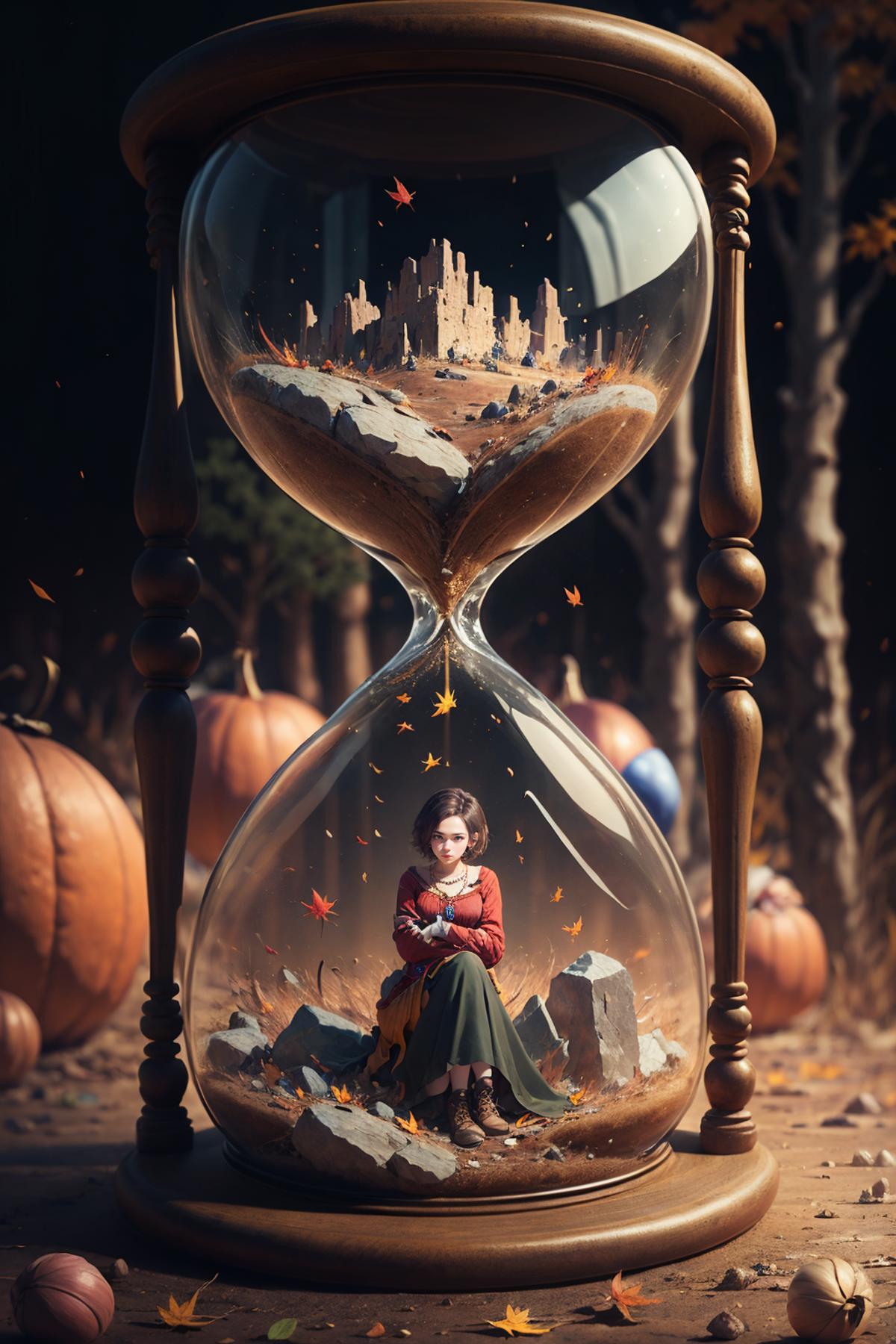 A woman sitting under a giant hourglass surrounded by pumpkins and leaves.