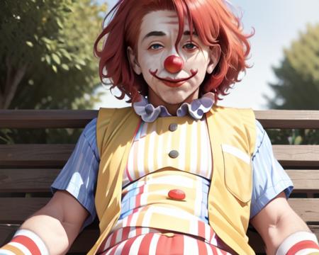 (thick mature man clown face and red afro hair:1.5), chromatic_aberration, clown, cosplay_photo, depth_of_field, figure, film_grain, photorealistic, (a  yellow vest with a red and white striped shirt:1.3), hisoka morow pose of abe takakazu, lying park bench,