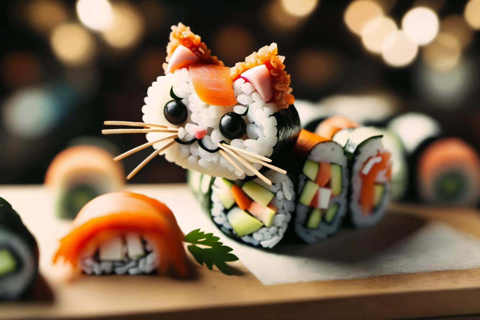 A cute cat-shaped sushi roll made with sliced salmon and cucumber.