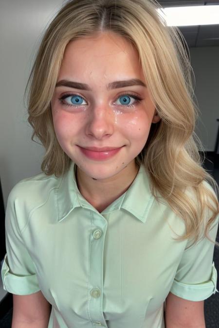(face like emmatopdown),  body like goose_fit_girl,
blonde hair, athletic body,  eyecandy, desirable, 
(tiny breasts), beautiful green eyes, fit body,
 realistic,  
(wearing large buttonup shirt ),
nervous, tiny smile, ((tears in eyes, tears running down face,))
 (facial), mouth closed