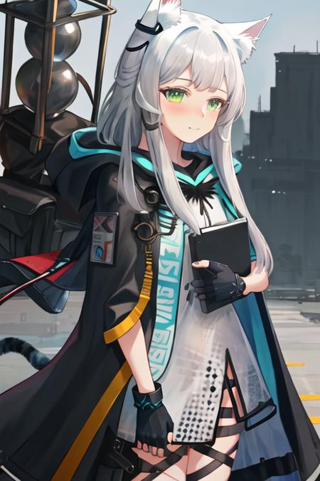 best quality, masterpiece, highres, solo, {rosmontis_arknights:1.15}, animal_ears, cat_ears, long_hair, bangs, green_eyes, animal_ear_fluff, cat_girl, grey_hair, white_hair, closed_mouth, blush, upper_body, 1girl, black_gloves, black_jacket, dress, earpiece, fingerless_gloves, gloves, holding, hood, jacket, open_clothes, hood_down, infection_monitor_\(arknights\), looking_at_viewer, white_dress, clipboard, cloak, holding_clipboard