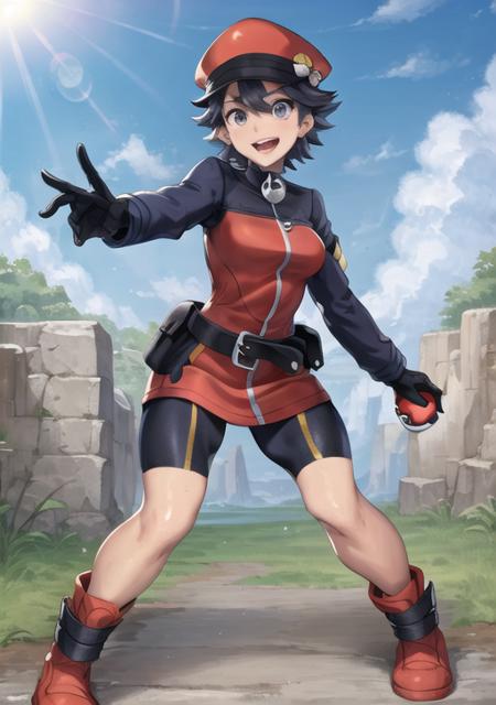 <lora:RangMaster:0.7> RangMaster, 1girl, solo, breasts, smile, open mouth, blue eyes, gloves, long sleeves, hat, holding, hair between eyes, standing, jacket, full body, boots, outdoors, sky, teeth, day, tongue, black gloves, belt, cloud, upper teeth only, bike shorts, red footwear, red headwear, poke ball, poke ball (basic), holding poke ball, knees