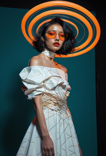 image of a 25yo, a young korean woman, pale fair skin, pretty, red lips, dark asymmetric shoulder-length hair cut hair, messy hair,  fashionable, A woman levitating above a spiraling vortex, her body draped in fabrics with geometric shapes. white dress, with orange gold shapes, teal while spirals light projection, light projection effect, neckbone, off-shoulder dress, dark background pitch black background, depth, artistic composition, surreal editorial photography, conceptual fashion art, bold color contrast, dramatic lighting, high-concept staging, hyperrealistic depth, avant-garde poses, stylized human figures, immersive narrative composition, fine art fashion fusion, visually striking surrealism, theatrical visual storytelling, high fashion, gel lighting, lighting projection from offscreen, projector, realism, poster, glass, tinted eyewear, digital glitch background, glass body, see-through, digital glitces, <lora:FF.101.juggernautXL_version6Rundiffusion.LORA:0.75> <lora:fenn_neoncolor:0.76> <lora:Elegence_Niji:0.8> <lora:mot_wwm:0.35> <lora:NeonSpectra:1>