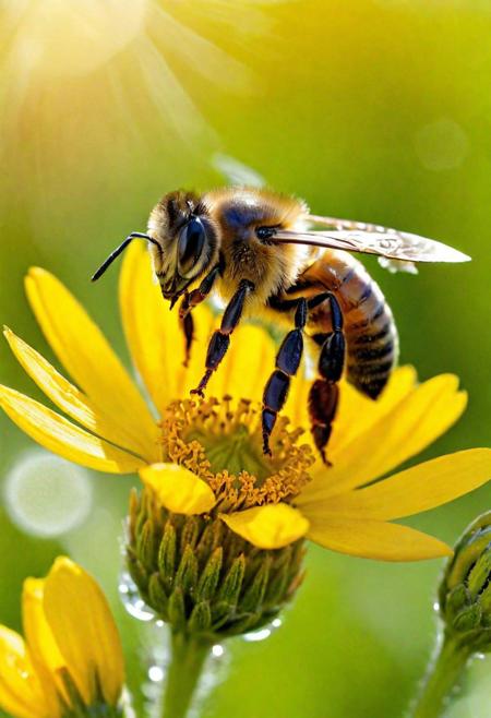 Craft an exquisite masterpiece that captures the stunning detail and vibrant life of a honey bee.The scene is set in an ultra-high-definition, sunlit meadow, brimming with colorful wildflowers. The honey bee, in hyper-realistic detail, is hovering near a bright yellow blossom. Its wings should be translucent and iridescent, catching the sunlight in a dazzling display. The bee's furry body is finely detailed, with each hair visible, glistening with tiny droplets of morning dew.The background is a blur of greenery and flowers, creating a depth of field that brings the bee sharply into focus. Surrounding the bee are soft, golden rays of sunlight filtering through the petals, creating a warm, inviting atmosphere. The entire scene is alive with the gentle buzz of the meadow and the delicate rustling of leaves in the breeze. This image should not only showcase the intricate beauty of the honey bee but also the vibrant ecosystem it thrives in, combining realism with a touch of whimsy.