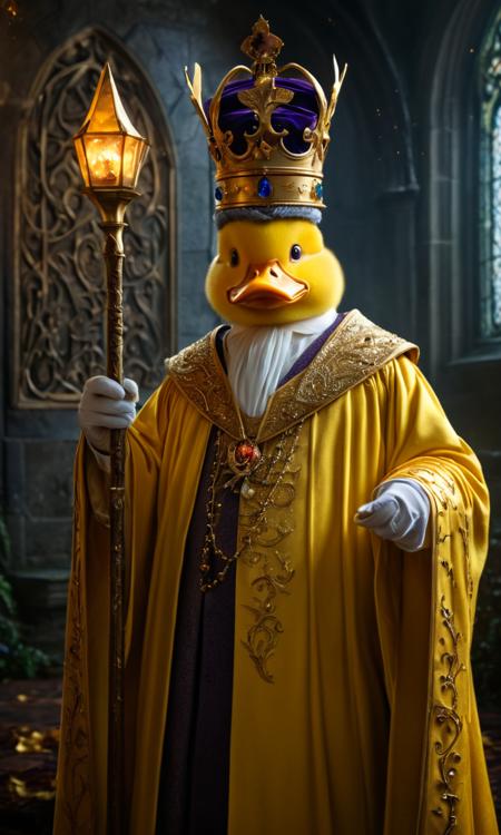 goldenhour  portrait  male  (Design a poster with a fantasy and enchantment theme) mysterious  hdr  (Within the celestial realm) (Amongst the stars and galaxies) smug castle (f_stop 4.0), (focal_length 60.0) f/4, 60mm focal length  framing  textured buttoned up  (Romantic with a gothic twist) (a yellow duck:1.3) wearing a crown, Mid Shot Photo, half body shot, mid body shot, Cinematic, ((movie poster)), crown, wearing a detaield crown, Fantasy theme, Sorcerer duck King, Enchanted shot, Royal duck focus, Sorcerer duck with arcane crown, Wearing majestic sorcerer duck king robes with magical artifacts, In a fantasy ducks kingdom, Ruling with mystical duck power, 