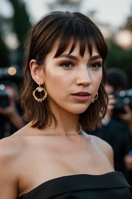 Realistic photo of a beautiful ursul4c-v1 woman, 1girl, solo, short hair, simple background, brown hair, dress, bare shoulders, brown eyes, jewelry, collarbone, upper body, earrings, grey background, black dress, lips, see-through, looking to the side, strapless, realistic, soft lighting, professional Photography, Photorealistic, detailed, RAW, analog, sharp focus, 8k, HD, DSLR, high quality, Fujifilm XT3, film grain, award winning, masterpiece<lora:ursul4c-v1:1.0>