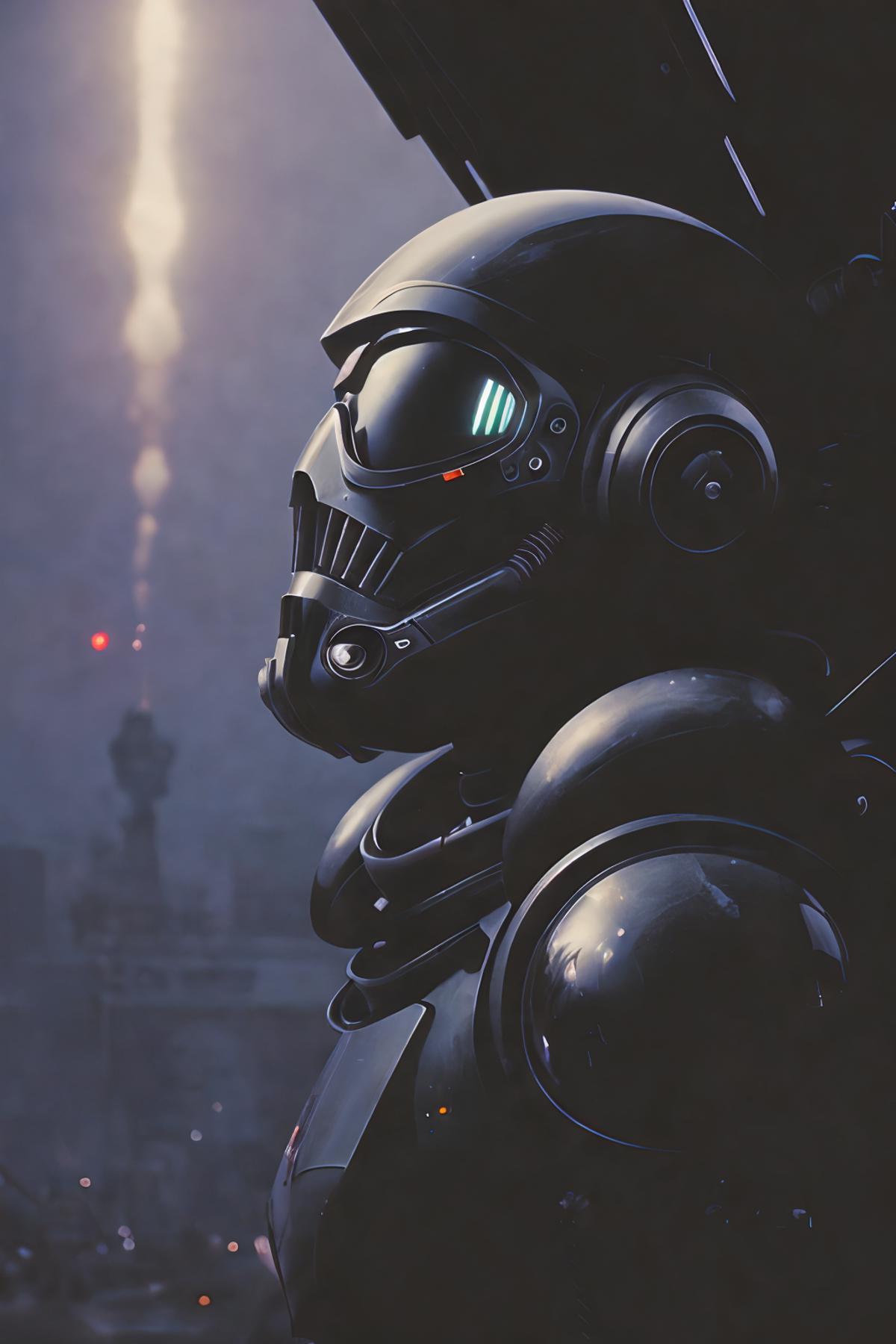 A robot with a helmet and headphones on, looking into the distance.