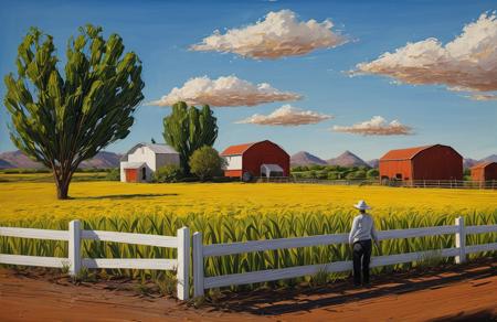 (style of Josh Adamski:1), scenery,scene painting,a painting, parcel ,patch ,farm ,hacienda ,yard , Mesa,